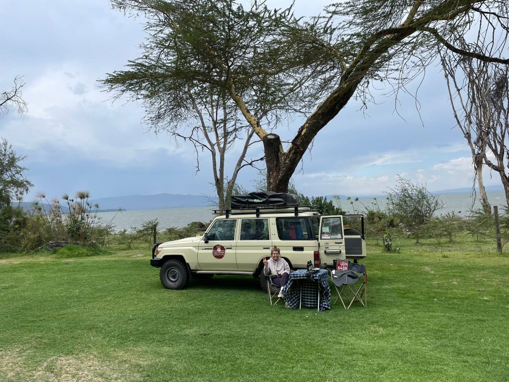 a tourist camping on lake naivasa on a kenya self drive safari